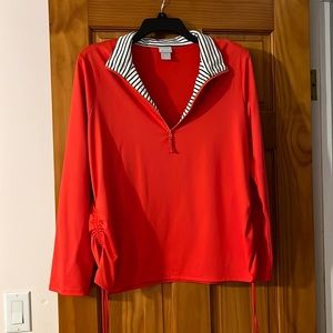 Chico’s zenergy tomato red with navy and white striped collar. Ruching on sides